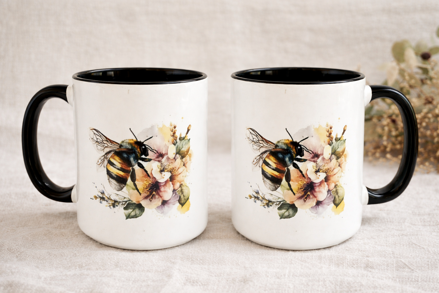 Bee & Wildflower Coffee Mug – Floral Bumblebee Ceramic Mug, Nature Lover Gift 15oz.