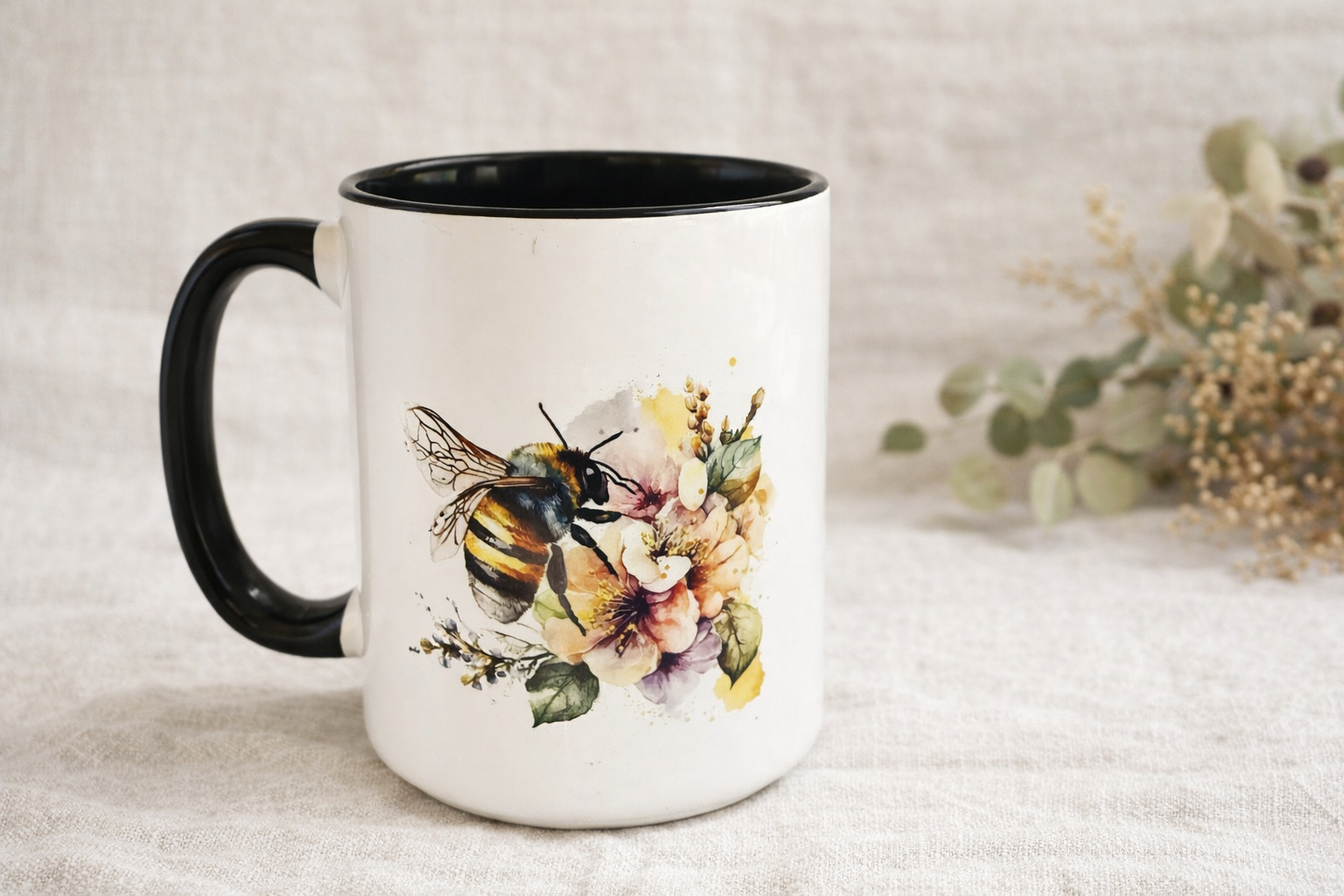 Bee & Wildflower Coffee Mug – Floral Bumblebee Ceramic Mug, Nature Lover Gift 15oz.