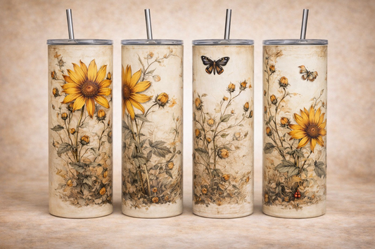 Vintage Sunflower Botanical Tumbler – Rustic Wildflower 20oz Skinny Cup